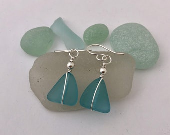 AQUA SEA GLASS & Sterling Silver Earrings, Beach Glass, Aquamarine, Light Aqua, Wire Wrapped, Handmade in Maine, Great gift for loved one...