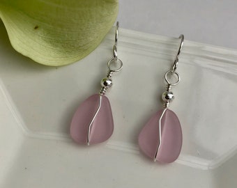 PINK & SILVER SEA Glass Earrings, Sterling Silver, Beach Glass, Handcrafted, Wire Wrapped, Easy to Wear, Light, Short, Dangle, Gift for Mom