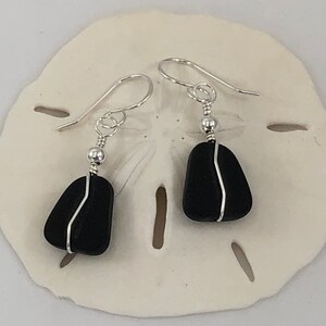 Sterling Silver and Black Sea Glass Earrings, zig zag wire wrapped, beach glass, dangle earrings, light weight