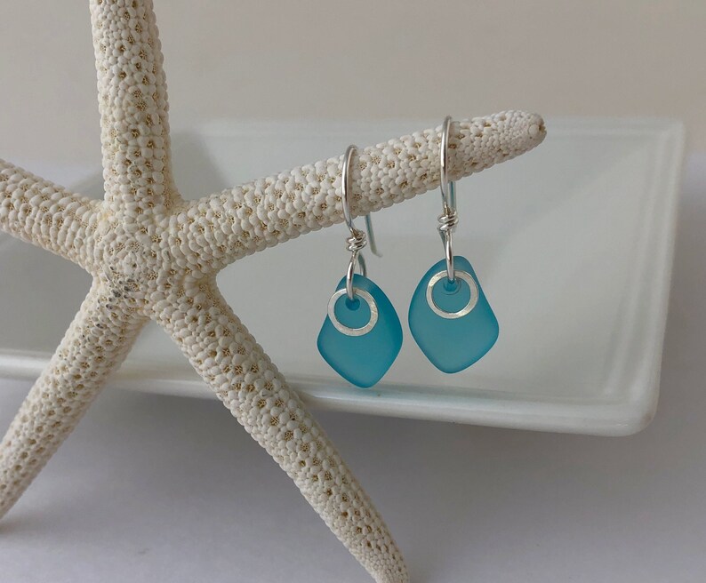 AQUA SEA GLASS & Sterling Silver Earrings, Aquamarine, Beach Glass, Small, Petite, Dangle, Feminine, Flattering Design, Birthday Gift image 1