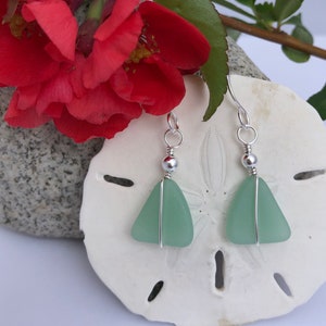 Sterling Silver and Green Sea Glass Earrings, Light Green Beach Glass, Triangle Shaped, Silver Wire Wrapped, Gift for Christmas Birthday.. image 3