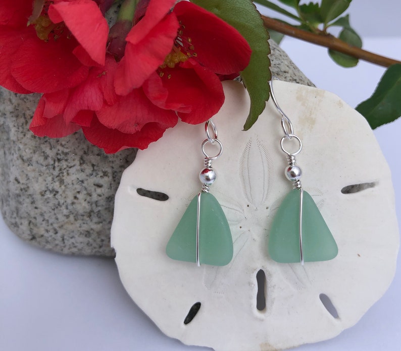 Sterling Silver and Green Sea Glass Earrings, Light Green Beach Glass, Triangle Shaped, Silver Wire Wrapped, Gift for Christmas Birthday.. image 3