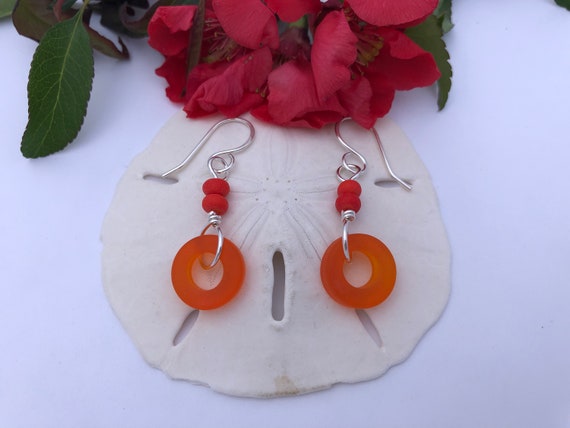Orange Sea Glass Earrings Orange Tangerine Sea Glass Silver Earrings