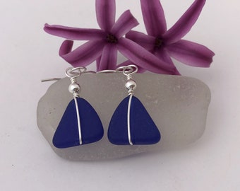 BLUE SEA GLASS Earrings, Sterling Silver, Cobalt Blue, Dark Blue, Beach Glass, Triangle, Wire Wrapped, Handmade, Graduation Gift, Mom Gift