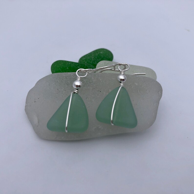 Sterling Silver and Green Sea Glass Earrings, Light Green Beach Glass, Triangle Shaped, Silver Wire Wrapped, Gift for Christmas Birthday.. image 8