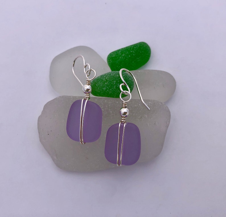 Light Purple Beach Glass Gift for Mother Wire Wrapped Friend Sterling Silver /& Purple Sea Glass Earrings Light Weight Dangle Birthday