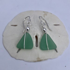 Sterling Silver and Green Sea Glass Earrings, Light Green Beach Glass, Triangle Shaped, Silver Wire Wrapped, Gift for Christmas Birthday.. image 4