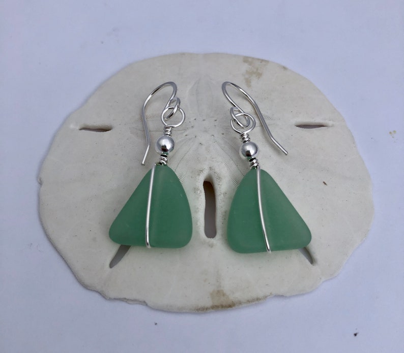 Sterling Silver and Green Sea Glass Earrings, Light Green Beach Glass, Triangle Shaped, Silver Wire Wrapped, Gift for Christmas Birthday.. image 4