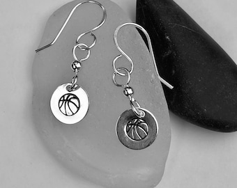 Basketball Earrings, Sterling Silver Dangle, Stamped Basketball on Silver, Gift For Basketball Fan or Player, High School/College Basketball