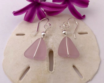 PINK SEA GLASS & Sterling Silver Earrings, Beach Glass, Light Pink, Wire Wrapped, Handmade, Short Lightweight Dangle, Gift for Grandmother..
