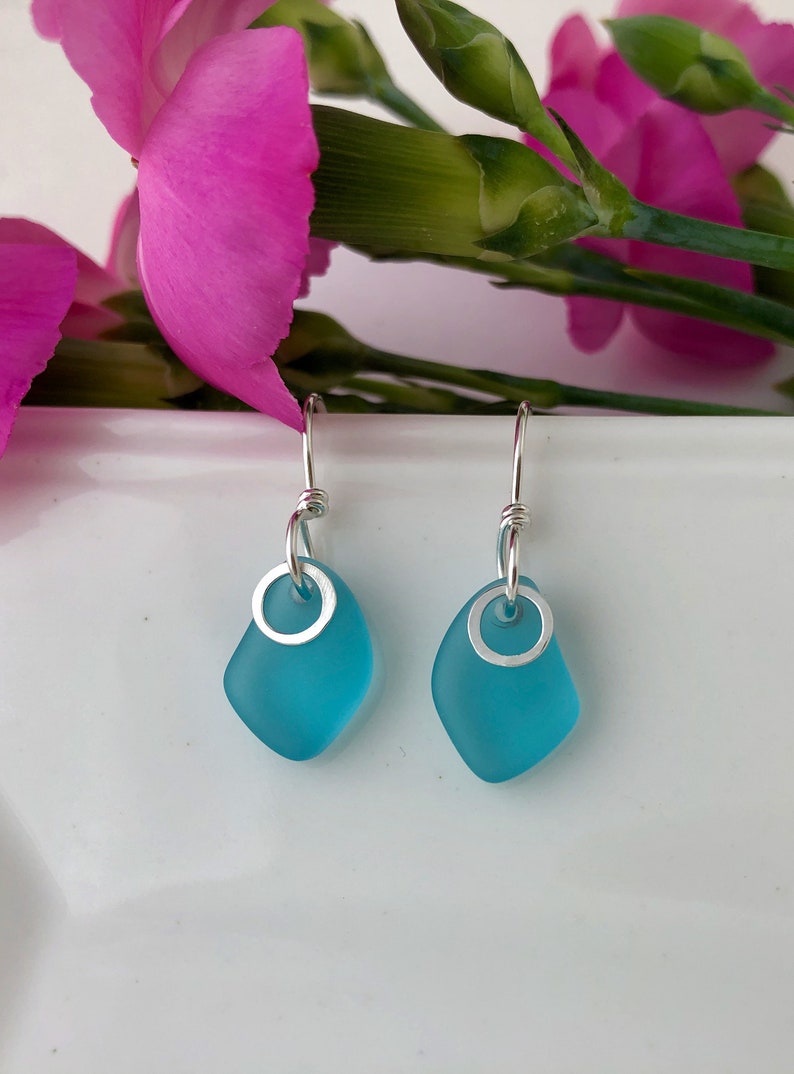 AQUA SEA GLASS & Sterling Silver Earrings, Aquamarine, Beach Glass, Small, Petite, Dangle, Feminine, Flattering Design, Birthday Gift image 2