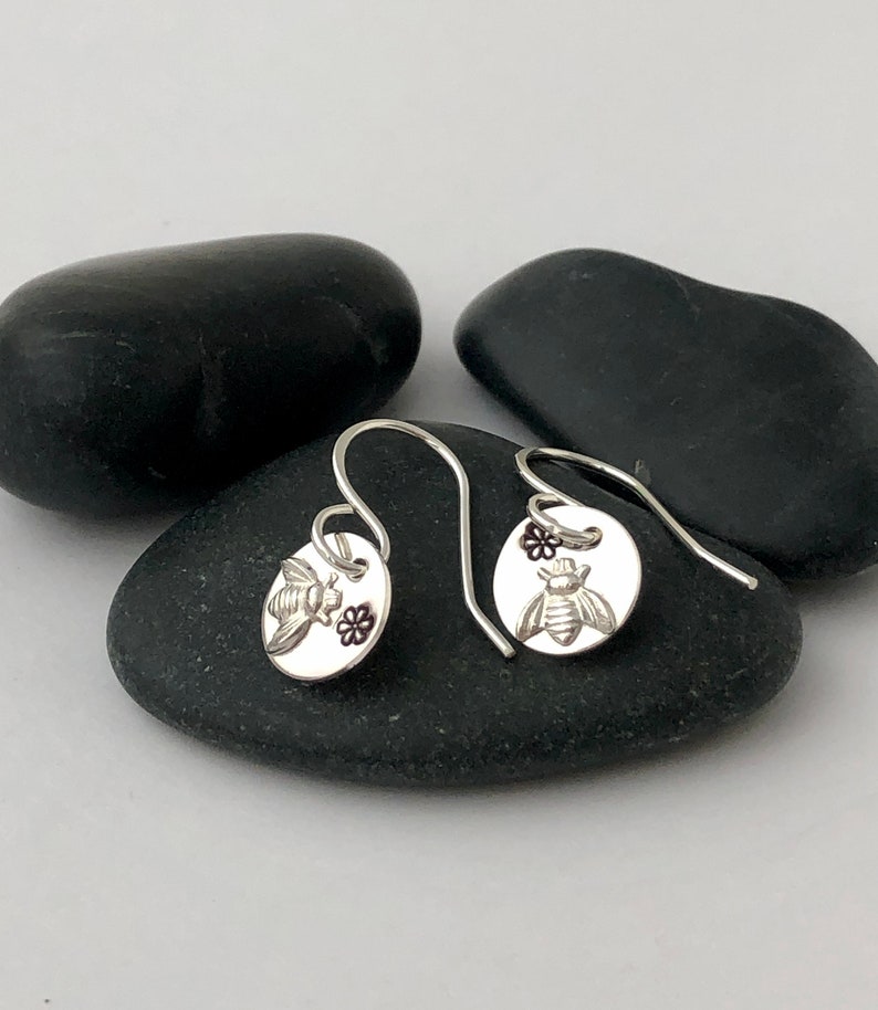BEE EARRINGS, Sterling Silver, Bees & Flowers, Love for Nature, Handmade in Maine, Gift, Birthday, Mother, Grandmother, Woman, Short Dangle image 8