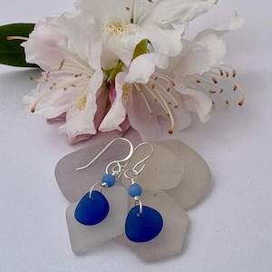 BLUE & STERLING SILVER Sea Glass Earrings, Dark Blue and Light Blue Beads, Beach Glass, Lightweight Dangles, Casual Everyday Wear, Colorful