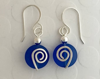 Sterling Silver and Blue Sea Glass Earrings, round beach glass, sea waves, swirls, dark blue, ocean waves, small short light weight