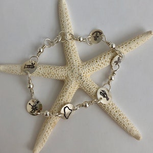 Sterling Silver Maine Coast Bracelet, Charm Bracelet that includes: Lighthouse, Lobster, Starfish, Anchor, Maine & Compass, Gift of Maine