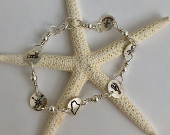 Sterling Silver Maine Coast Bracelet, Charm Bracelet that includes: Lighthouse, Lobster, Starfish, Anchor, Maine & Compass, Gift of Maine