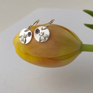 BEE EARRINGS, Sterling Silver, Bees & Flowers, Love for Nature, Handmade in Maine, Gift, Birthday, Mother, Grandmother, Woman, Short Dangle image 1