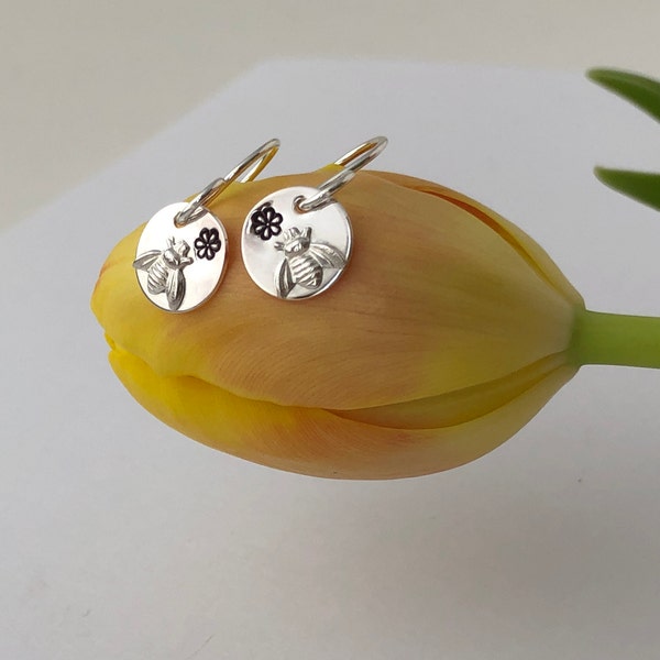 BEE EARRINGS, Sterling Silver, Bees & Flowers, Love for Nature, Handmade in Maine, Gift, Birthday, Mother, Grandmother, Woman, Short Dangle