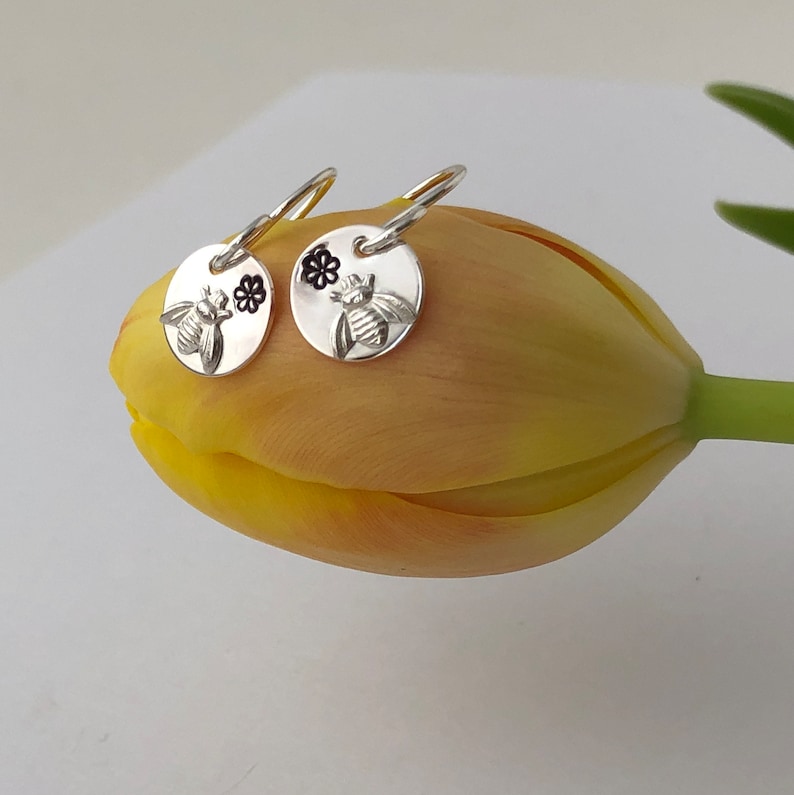 BEE EARRINGS, Sterling Silver, Bees & Flowers, Love for Nature, Handmade in Maine, Gift, Birthday, Mother, Grandmother, Woman, Short Dangle image 1
