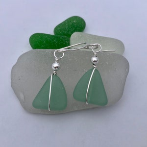 Sterling Silver and Green Sea Glass Earrings, Light Green Beach Glass, Triangle Shaped, Silver Wire Wrapped, Gift for Christmas Birthday.. image 7