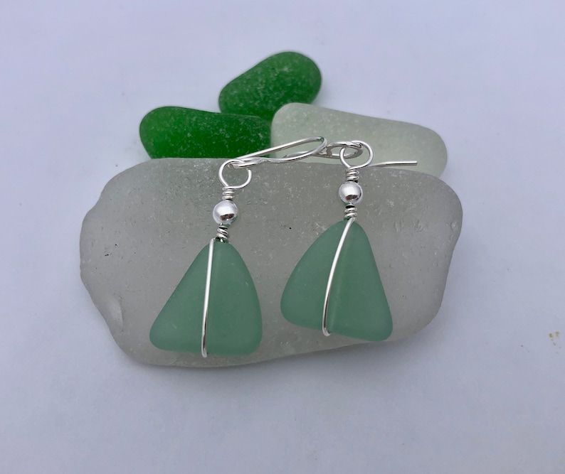 Sterling Silver and Green Sea Glass Earrings, Light Green Beach Glass, Triangle Shaped, Silver Wire Wrapped, Gift for Christmas Birthday.. image 7