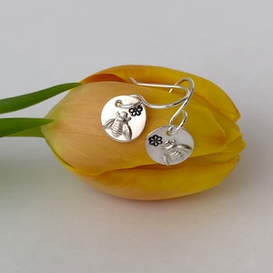 BEE EARRINGS, Sterling Silver, Bees & Flowers, Love for Nature, Handmade in Maine, Gift, Birthday, Mother, Grandmother, Woman, Short Dangle image 2