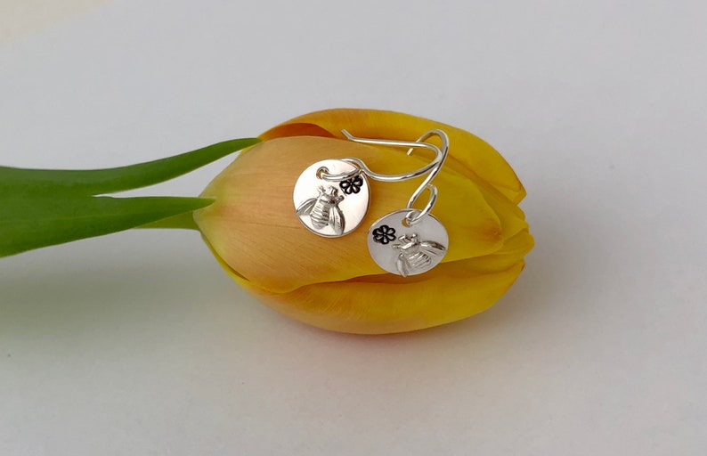 BEE EARRINGS, Sterling Silver, Bees & Flowers, Love for Nature, Handmade in Maine, Gift, Birthday, Mother, Grandmother, Woman, Short Dangle image 2