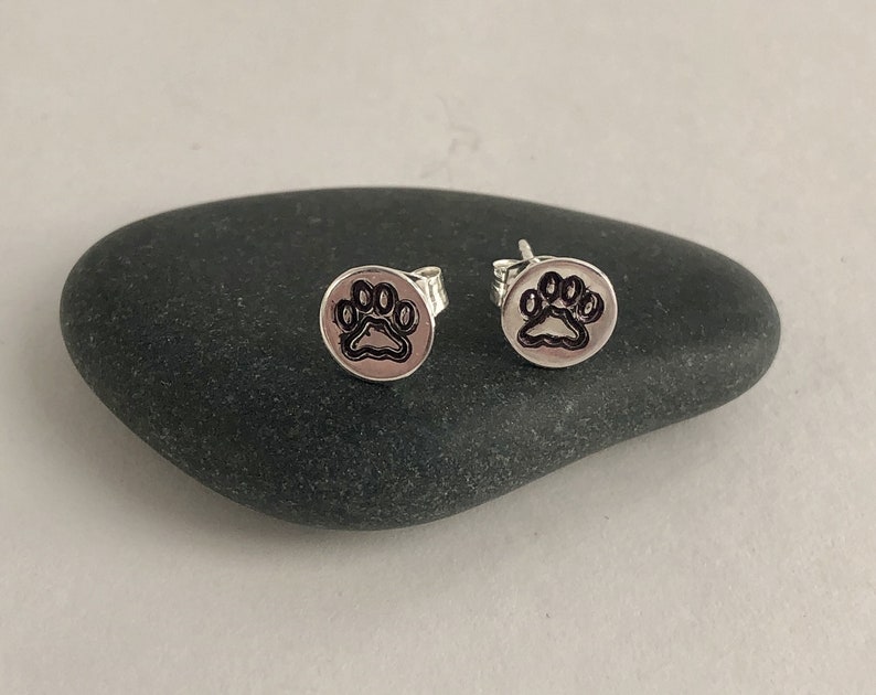 Paw Print Post Earrings, Sterling Silver, Hand Stamped, Stud Earrings, Dog Lover, Cat Lover, Gift for Animal Lover, Animal Jewelry image 1