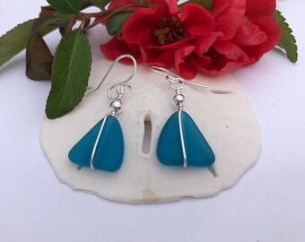 Sterling Silver and Teal Sea Glass Earrings, Wire Wrapped Beach Glass, Dark Aqua, Triangle, Beachy, Business Casual, Light Weight Dangle