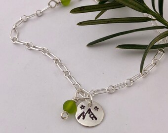 MOUNTAIN CHARM BRACELET, Sterling Silver, Hand stamped, Handmade, Olive Green Glass Bead, Long and Short Oval Chain, Gift for Hiker...