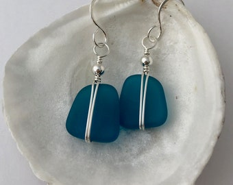 SILVER & TEAL Sea Glass Earrings, Sterling Silver, Beach Glass, Dark Aqua, Feminine, Beach Feel, Vacation Jewelry, Dangle, Gift for a Woman