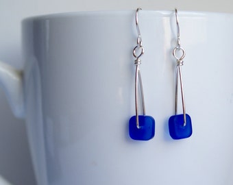 Sterling Silver and Cobalt Blue Sea Glass Earrings, dark blue beach glass, mid-length dangle, light weight, everyday casual wear,