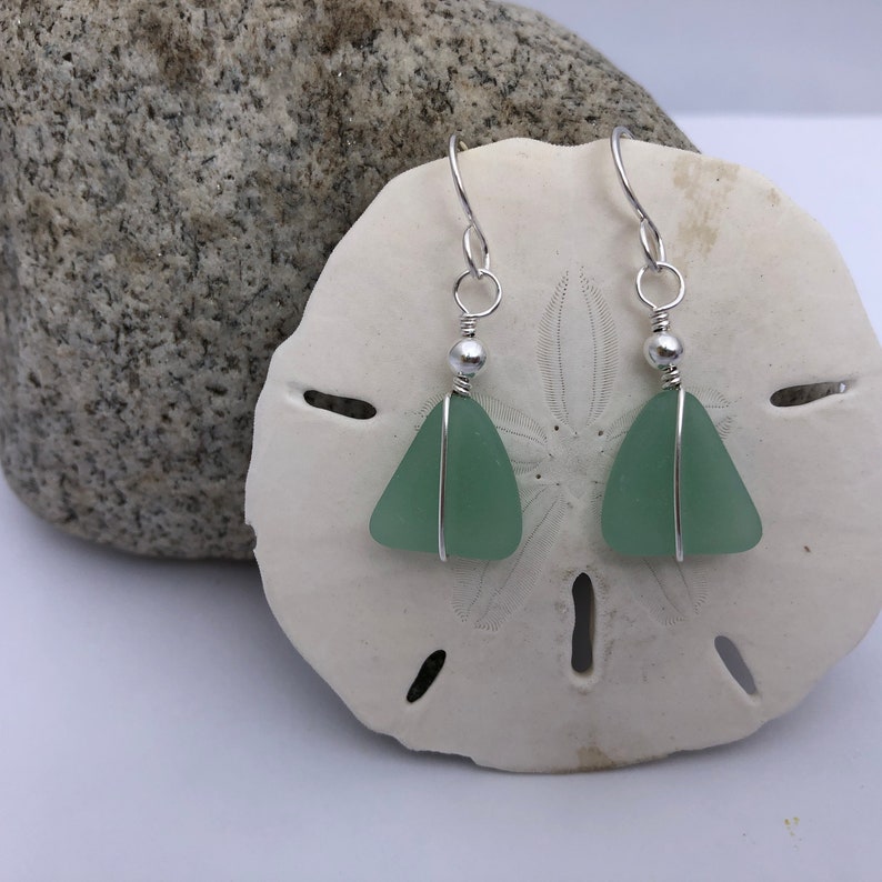 Sterling Silver and Green Sea Glass Earrings, Light Green Beach Glass, Triangle Shaped, Silver Wire Wrapped, Gift for Christmas Birthday.. image 1