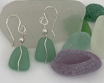 Sterling Silver and Green Sea Glass Earrings, shaped beach glass with zig zag wire wrap, light weight dangle, Christmas gift, Mothers day