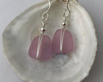 SILVER & PINK Sea Glass Earrings, Sterling Silver, Lightweight Dangle, Beach Glass, Charming, Gift for Mother, Daughter, Girlfriend, Teen