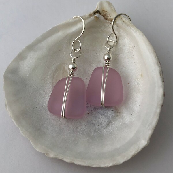 SILVER & PINK Sea Glass Earrings, Sterling Silver, Lightweight Dangle, Beach Glass, Charming, Gift for Mother, Daughter, Girlfriend, Teen