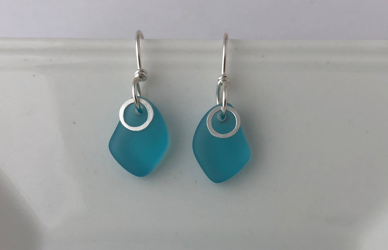 AQUA SEA GLASS & Sterling Silver Earrings, Aquamarine, Beach Glass, Small, Petite, Dangle, Feminine, Flattering Design, Birthday Gift image 3