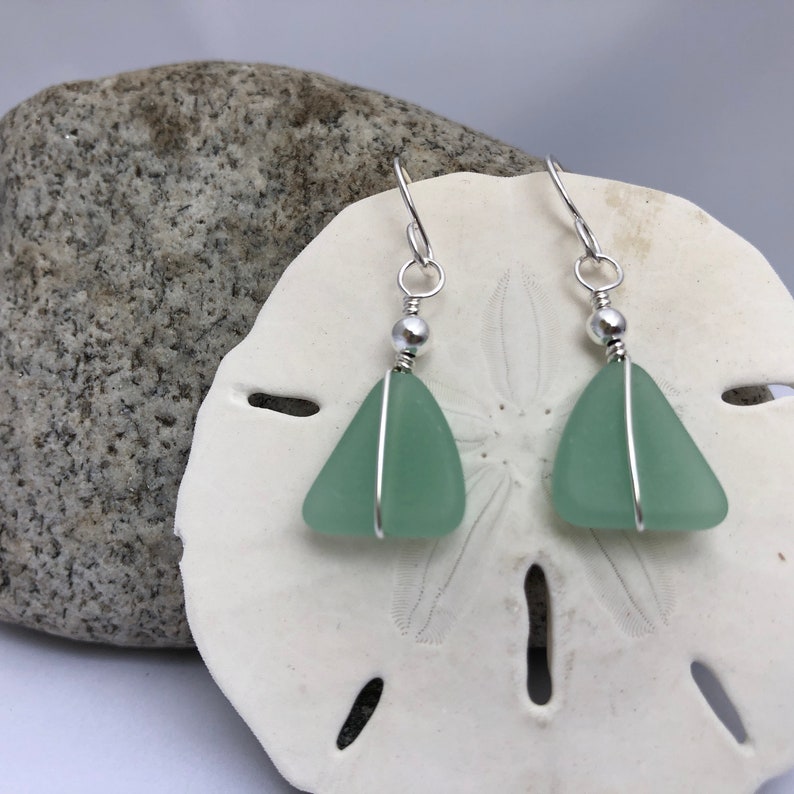 Sterling Silver and Green Sea Glass Earrings, Light Green Beach Glass, Triangle Shaped, Silver Wire Wrapped, Gift for Christmas Birthday.. image 2