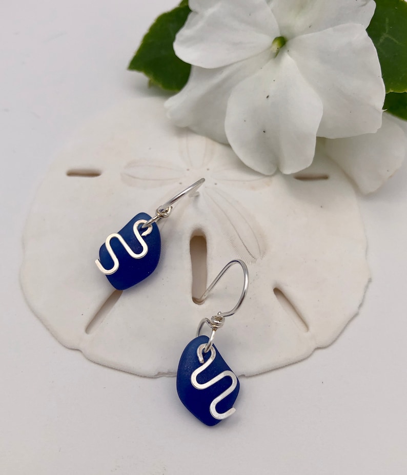 Short-Light-Weight Dangle Light and Easy Sterling Silver and Dark Blue Sea Glass Petite.. ZigZag Dangles a Top the Cobalt Beach Glass