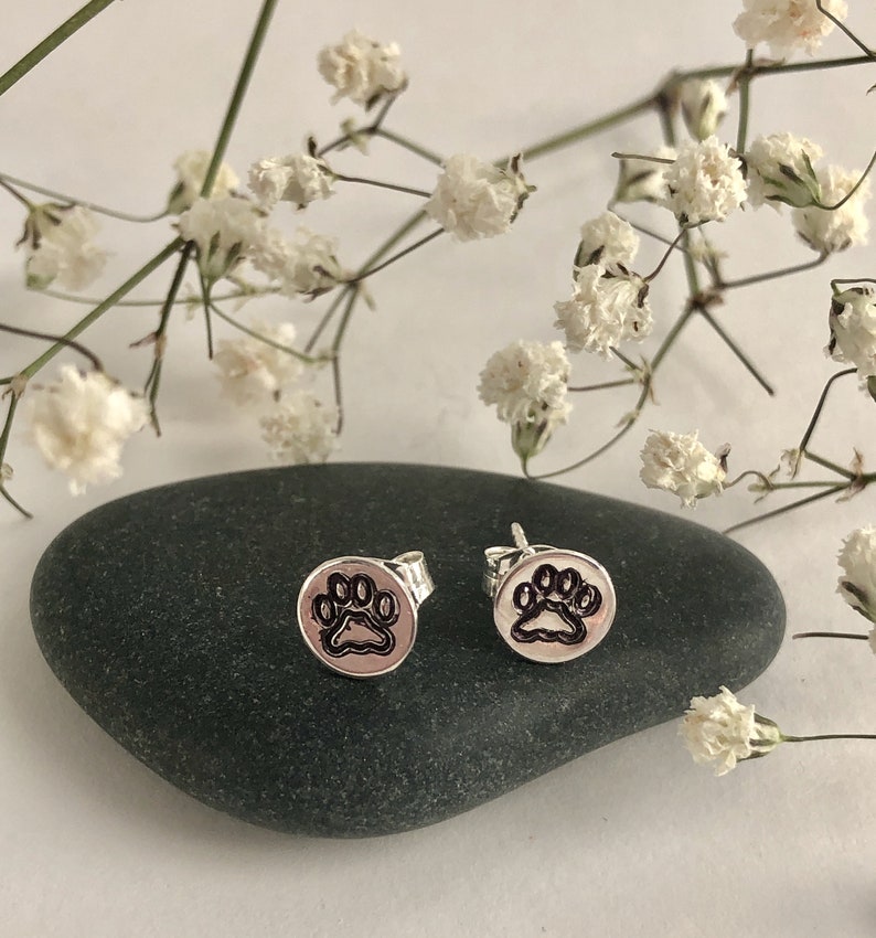 Paw Print Post Earrings, Sterling Silver, Hand Stamped, Stud Earrings, Dog Lover, Cat Lover, Gift for Animal Lover, Animal Jewelry image 2