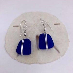 Sterling Silver and Cobalt Blue Sea Glass Earrings, Wire Wrapped, dark blue beach glass, medium length light weight dangle, gift for wife