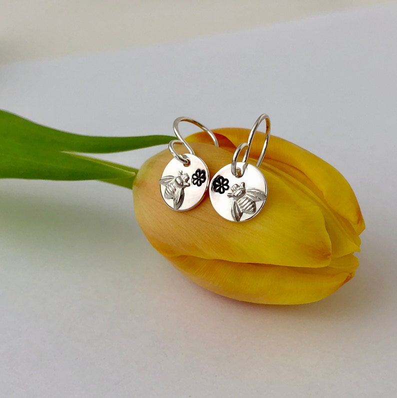 BEE EARRINGS, Sterling Silver, Bees & Flowers, Love for Nature, Handmade in Maine, Gift, Birthday, Mother, Grandmother, Woman, Short Dangle image 3