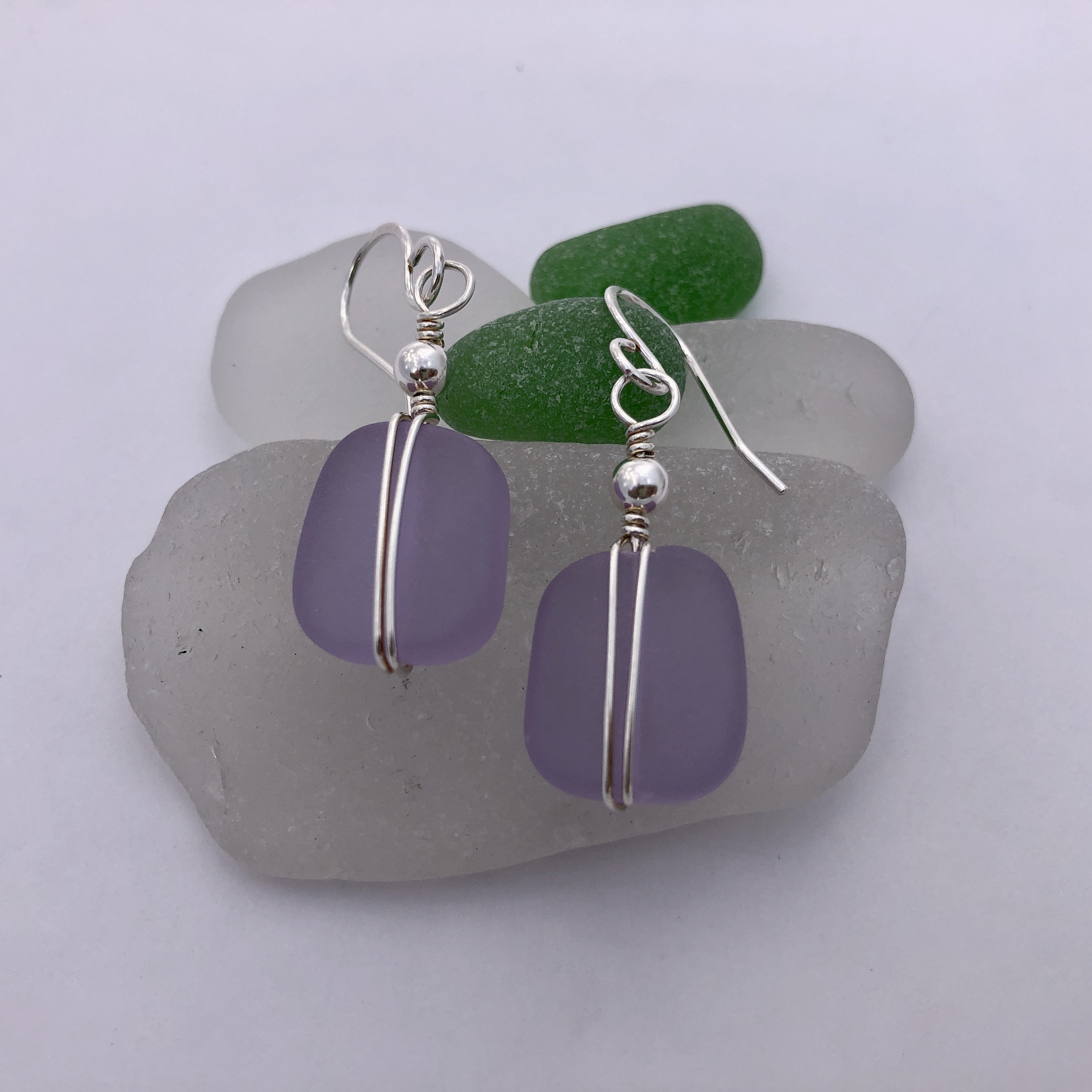 Sterling Silver & Purple Sea Glass Earrings Wire Wrapped | Etsy