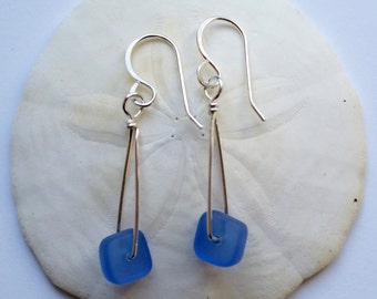 Sterling Silver and Light Blue Sea Glass Earrings, blue beach glass, light weight dangle, perfect for everyday wear, vacation wear.