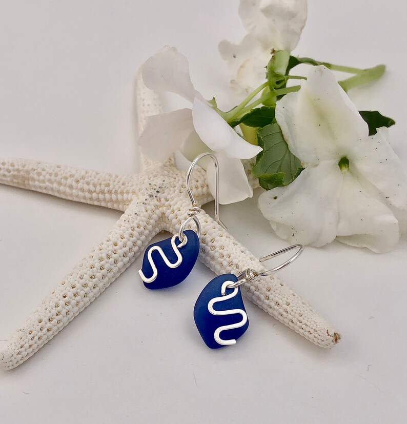 Short-Light-Weight Dangle Light and Easy Sterling Silver and Dark Blue Sea Glass Petite.. ZigZag Dangles a Top the Cobalt Beach Glass