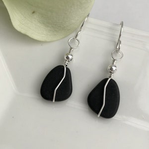 BLACK & SILVER SEA Glass Earrings, Sterling Silver, Beach Glass, Wrapped in Silver, Wire Wrapped, Handmade, Stylish, Gift for Mother, Women