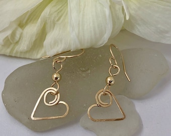 GOLD HEART EARRINGS, Lightweight Dangle with a Gold Bead, Gift for Valentines Day or Any Special Occasion, Swirly Hearts, Easy to Wear.