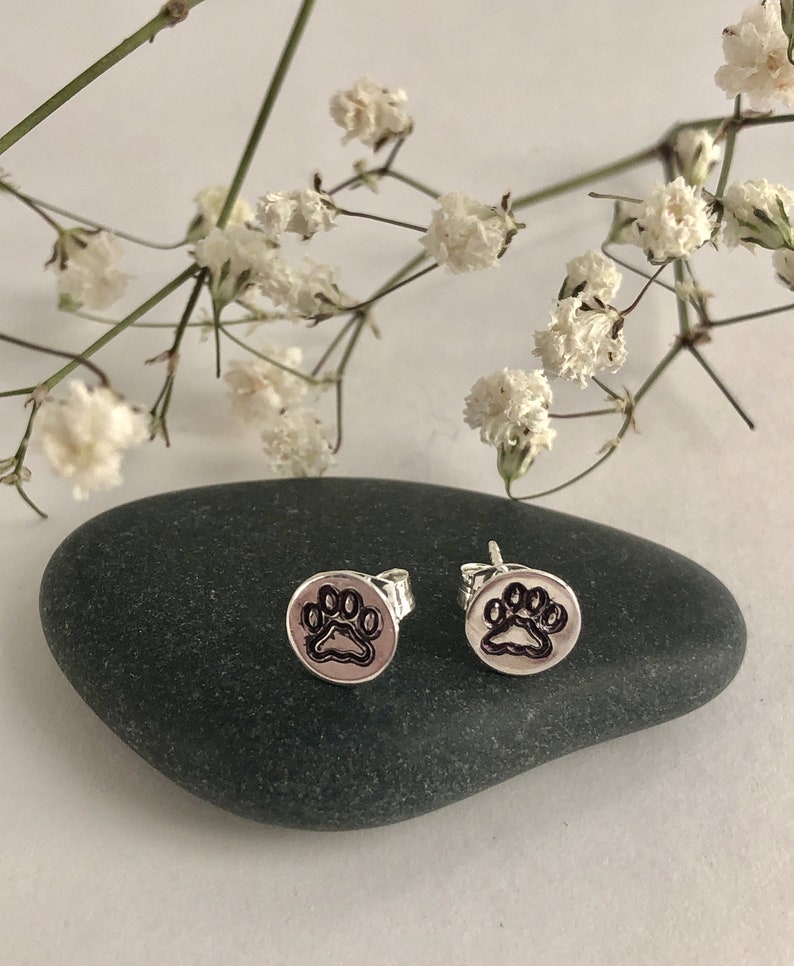 Paw Print Post Earrings, Sterling Silver, Hand Stamped, Stud Earrings, Dog Lover, Cat Lover, Gift for Animal Lover, Animal Jewelry image 6