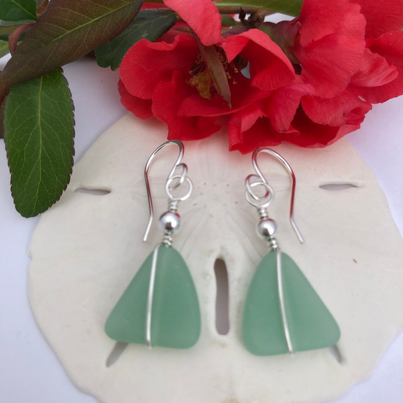 Sterling Silver and Green Sea Glass Earrings, Light Green Beach Glass, Triangle Shaped, Silver Wire Wrapped, Gift for Christmas Birthday.. image 6
