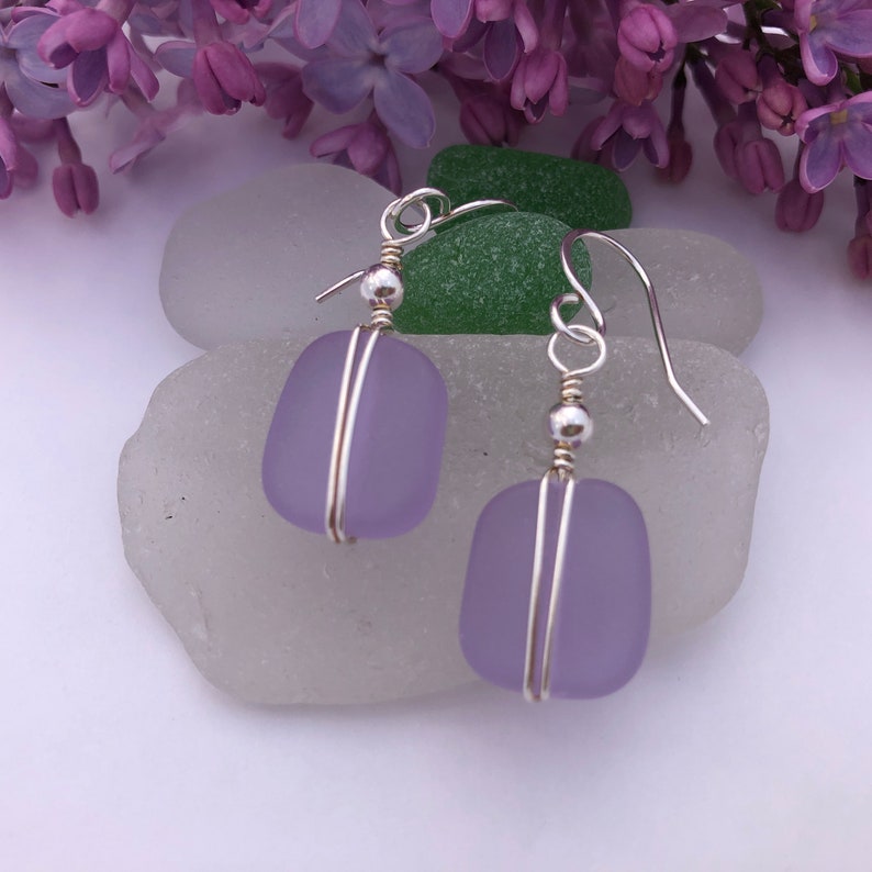 Light Purple Beach Glass Gift for Mother Wire Wrapped Friend Sterling Silver /& Purple Sea Glass Earrings Light Weight Dangle Birthday